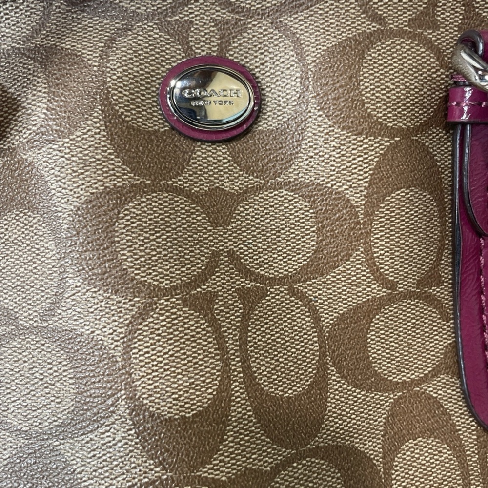 Coach Peyton Signature Cora Domed Satchel Bag Brown Coated Canvas Purple Leather - Picture 5 of 13